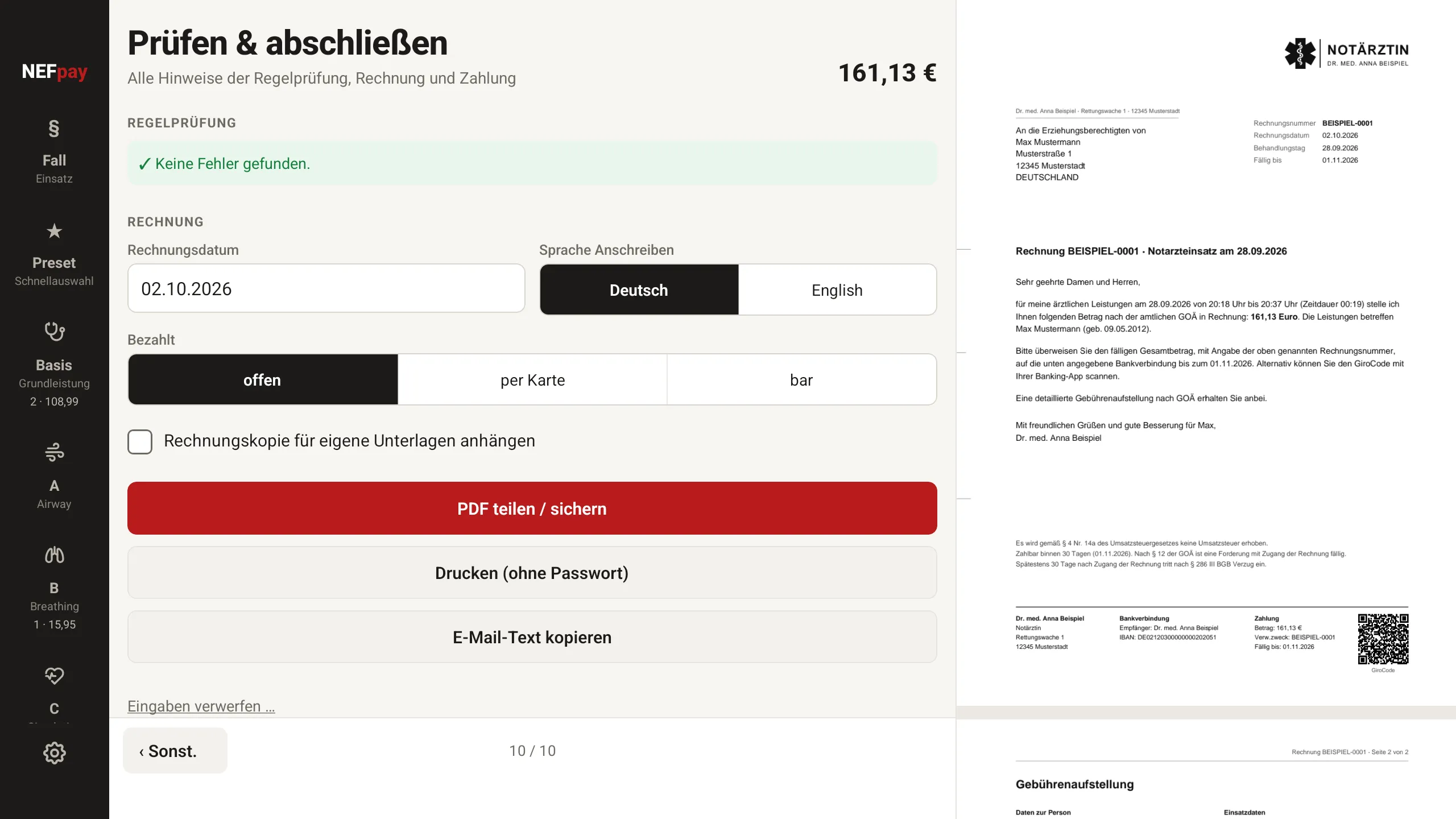 NEFpay am Mac: Prüfen & abschließen, daneben die fertige Rechnung mit GiroCode
