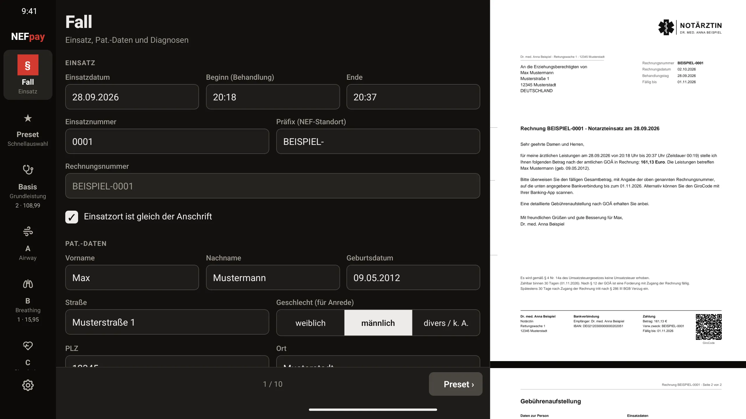 NEFpay auf dem Tablet im dunklen Modus: Falldaten links, Rechnungsvorschau rechts